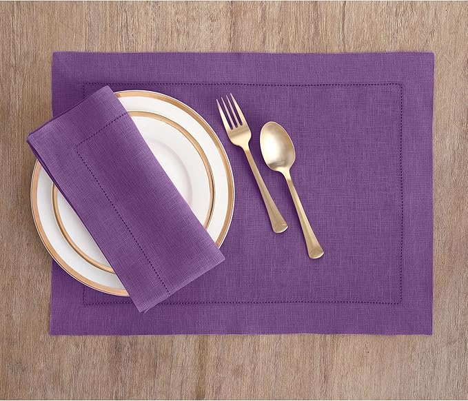 Solino Home Purple Linen Napkins Set of 6-100% Pure Linen Hemstitch Dinner Napkins 20 x 20 Inch for Valentines, Spring, Easter - Classic Hemstitch