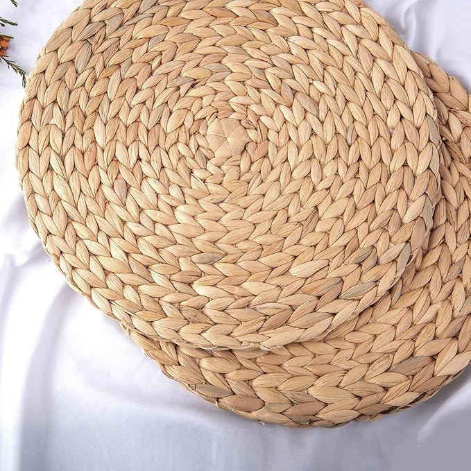 12" Water Hyacinth Woven Round Placemats Set of 6 - Wicker Boho Farmhouse Placemats - Rattan Table Mats for Dining Table, Wedding, Home