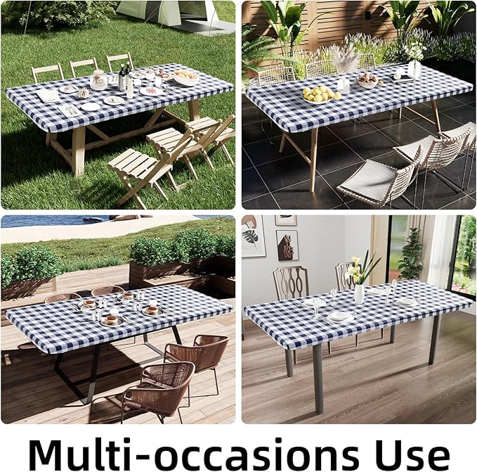 Smiry Rectangle Picnic Table Cloth, Elastic Waterproof Fitted Vinyl Tablecloths, Flannel Backed Buffalo Plaid Table Covers for Dining, Camping, Outdoor (White and Navy, 30" x 60")