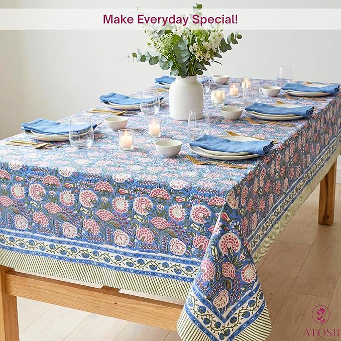 ATOSII Clover Pink 100% Cotton Rectangle Boho Fall Tablecloth, Handblock Floral Table Cloth Linen for Kitchen Dining I Parties Wedding Outdoors Christmas Thanksgiving I 72 X 108 Inches I 8 Seater