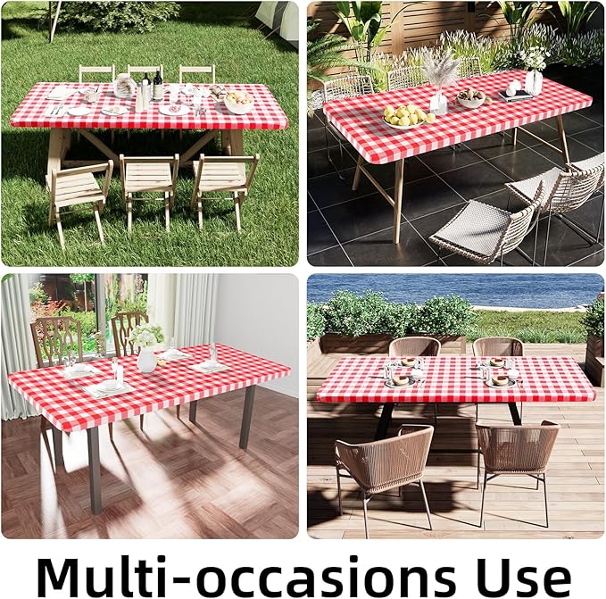 Smiry Rectangle Picnic Table Cloth, Elastic Waterproof Fitted Vinyl Tablecloths, Flannel Backed Buffalo Plaid Table Covers for Dining, Camping, Outdoor (White and Red, 24" x 48")