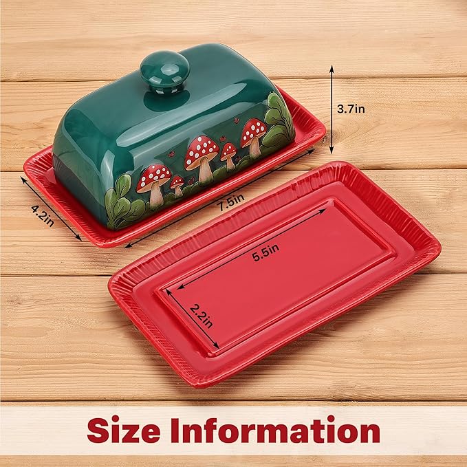Fungi Fun Mushroom Butter Dish With Lid – Cute Cottagecore Ceramic Storage Container, Vintage French Covered Tray, Boho Farmhouse Kitchen Decor Gift, Unique Countertop Holder (Dark Green, Standard)