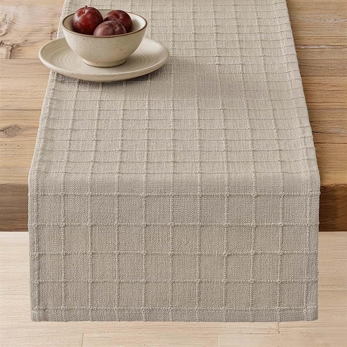 Artisanal Grid Linen Table Runner, 13x36 Inches Oatmeal | Heavy Textured by ZEEMARTONLINE