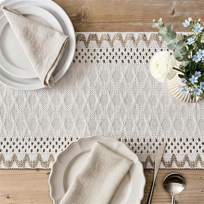 Macrame Side Trim Boho Woven Table Runner, Jute 12x108 Inch | Crochet Hollow - Image 3