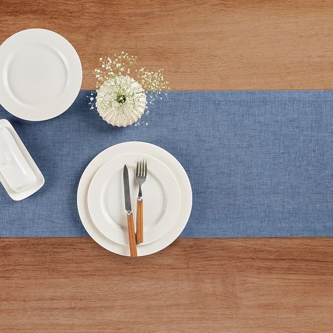 Solino Home 100% Pure Linen Table Runner Blue Denim, Athena 14 x 156 in | Table - Image 3