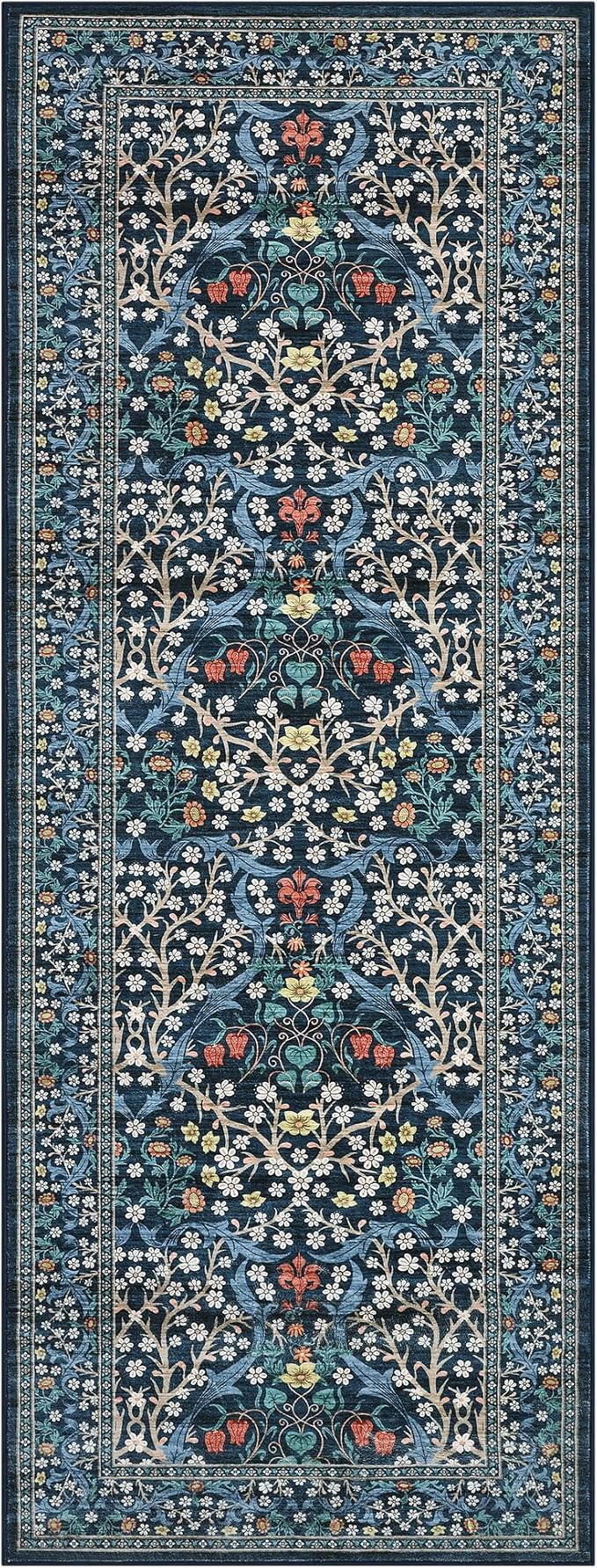 GarveeHome Floral Hallway Runner Rug, 2.5x8 Kitchen Runner Rugs, Washable Non Slip Entryway Rugs Indoor, Ultra-Thin Stain Resistant Carpet Floor Mat for Laundry Room, Dark Blue