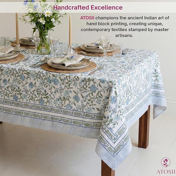 ATOSII Mahoka Blue 100% Cotton Rectangle Tablecloth, Handblock Floral Print Linen Table Cloth for Kitchen Dining I Parties, Outdoors, Weddings, Holidays, Summer I 72 X 108 Inches I 8 Seater
