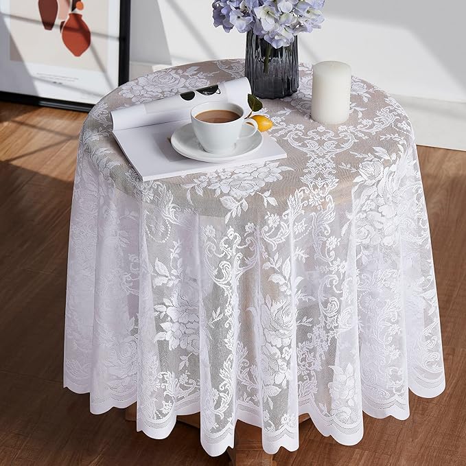 Warm Home Designs 60 Inch Round Tablecloth with English Rose Design. Use as Circle Tablecloth, Rustic Tablecloth or as Elegant Lace Table Cloth. White Table Clothes for 6 Guests. LTC White 60"