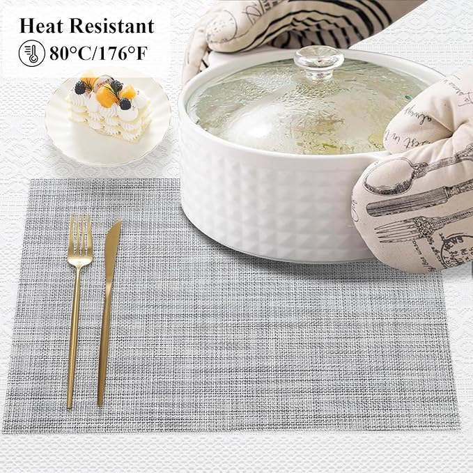 SHACOS Woven Vinyl Placemats Set of 4 Wipe Clean Reversible Table Mats Heat Resistant Wipeable Non Slip Place Mats Indoor Outdoor, Gray White