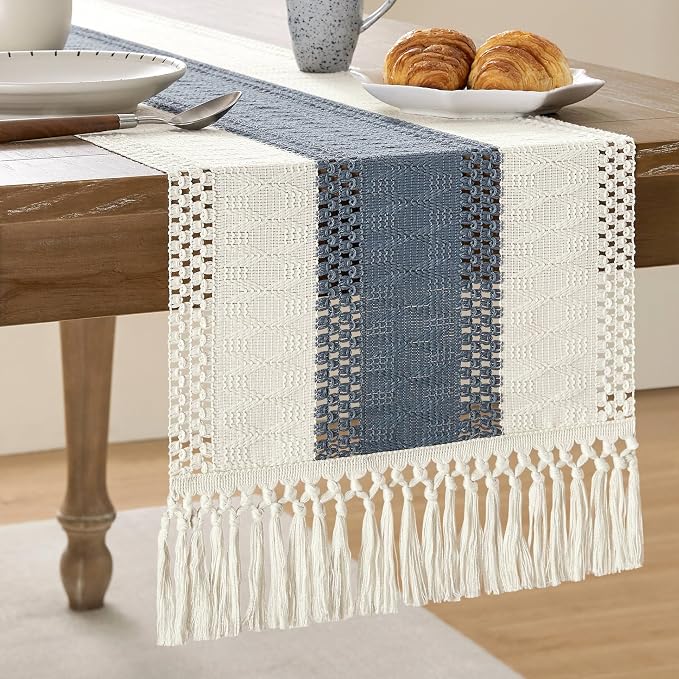 Macrame Style Bicolor Stitching Table Runner 14x36in Navy | Woven Boho Table by ZEEMARTONLINE