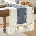 Macrame Style Bicolor Stitching Table Runner 14x90in Navy | Woven Boho Table by ZEEMARTONLINE