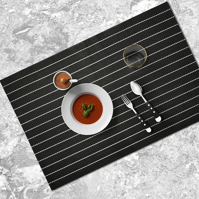 Placemats Set of 4 Vinyl Washable Black White Placemats, 18"x12" Wipeable Heat-Resistant Non-Slip Easy Clean Table Mats Ideal for Dining Table Table Runner and Outdoor (4, Black White Stripe Black)