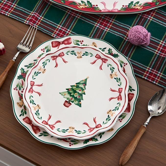 Bico Ribbon Christmas Scalloped Salad Plates Set of 4, 8.75 Inch Ceramic Dessert Plates for Salad, Appetizer, Side Dishes, Microwave and Dishwasher Safe, Gift for Housewarming and Christmas