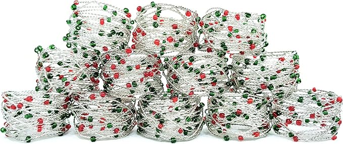 Silver Red Green Beaded Napkin Ring Set of 12 - Beautiful Elegant Decorative Napkin Holder for Christmas/Dinner Table Decoration/Farmhouse/Wedding/Party/Family Gathering/New Year & Everyday Use