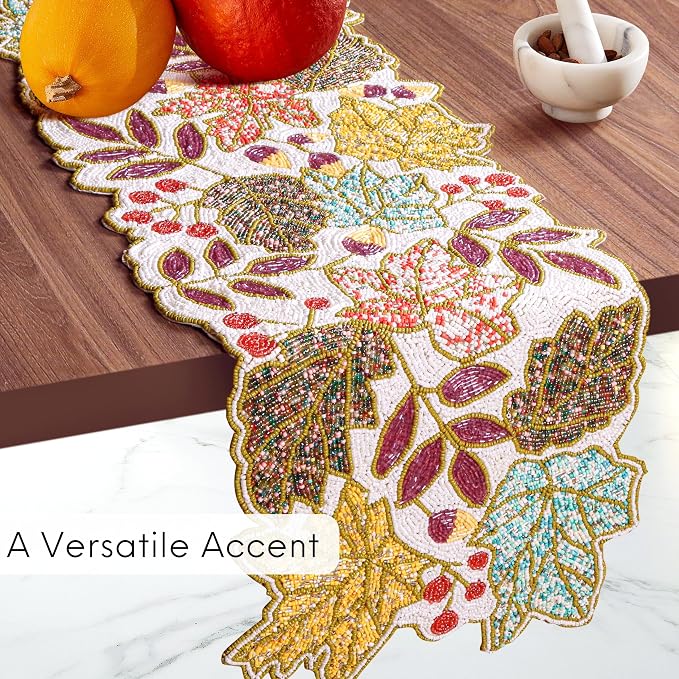 Hand Beaded Table Runner 13x36 in, Farmhouse | Premium beads on fabric base - Image 2