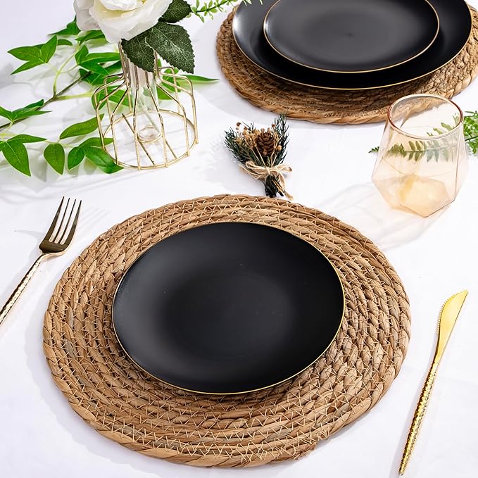 EI enjonirinjonir 80pcs Black Dessert Plates with Gold Rim,7.5inch Heavy Duty Disposable Matte Plastic Party Platos Frosted Small Black Dessert/Cake/Appetizer Plastic Plates for Wedding/Tea Party