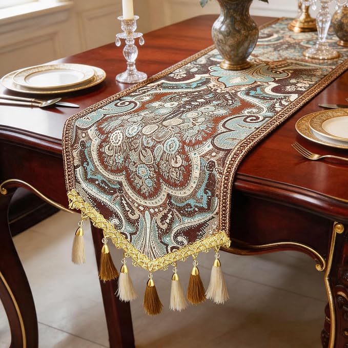 Dining Table Runner 48" Teal Brown by Jiino
