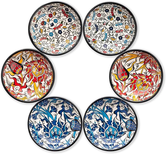 Handmade Ceramic Dipping Bowls – Set of 6, 2.5 Oz Small Sauce Dishes, Colorful Pinch Bowls, Charcuterie Serving Bowls, Microwave & Dishwasher Safe (IZNIK CARNATION)
