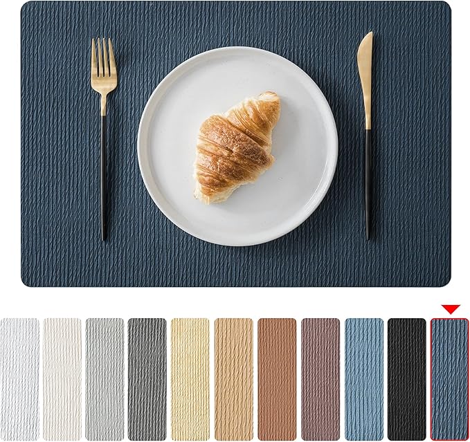 Jovono Faux Leather Placemats Set of 6, Waterproof Washable Table Mats, Easy-Clean Heat Resistant Kitchen Vinyl Place Mat for Dining Table, Restaurant, Indoor, 17.8"x11.8", Blue