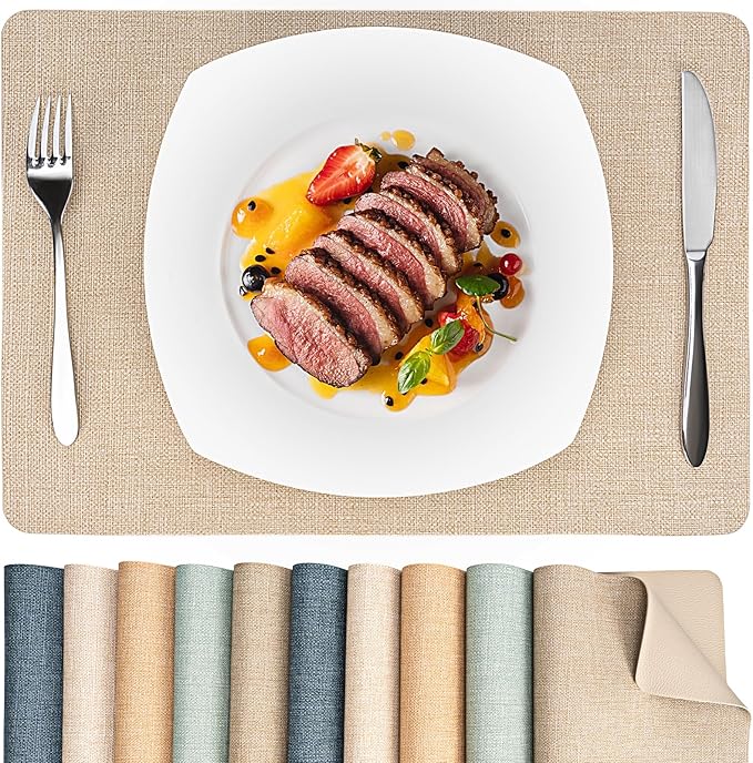 Heat Resistant Placemats Set of 4, 17x12in Waterproof Wipeable Faux Leather Non Slip Table Mats, Easy to Clean, Stain Resistant, for Kitchen Dining Room– Taupe