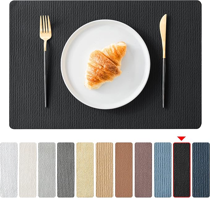 Jovono Faux Leather Placemats Set of 6, Waterproof Washable Table Mats, Easy-Clean Heat Resistant Kitchen Vinyl Place Mat for Dining Table, Restaurant, Indoor, 17.8"x11.8", Black