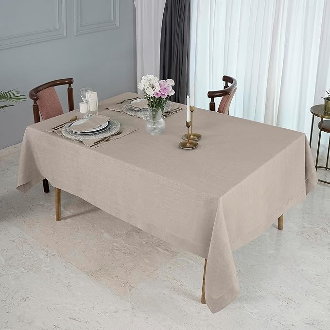 D'Moksha Homes Natural Linen Tablecloth 60 x 108 Inch - 100% Pure Linen Natural Table Cloth for Rectangle Tables - Classic Hemstitch, Machine Washable Tablecloth for Valentines, Spring, Easter
