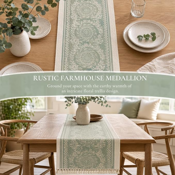 14x95 Medallion Table Runner Waterproof Rustic Farmhouse Macrame | Hosting a - Image 6