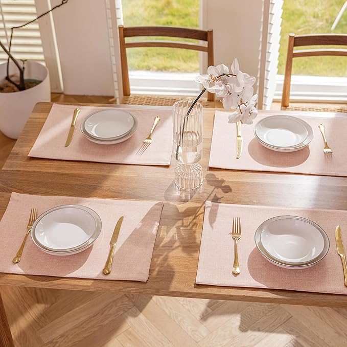 Demetex Pink Placemats Set of 4 Heat Resistant Linen Plate Mats Valentine Cloth Place Mats for Dining Tables Restaurants, 13 x 19 inches, Pink