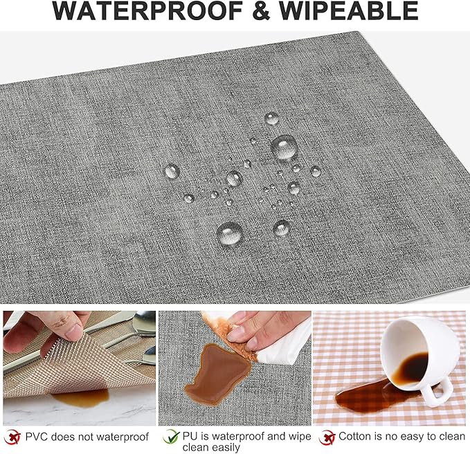 Leather Heat Resistant Placemats Set of 6 Waterproof Wipeable Washable PU Table Mats,Easy to Clean Anti-Slip Place Mats (Light Grey, 6)