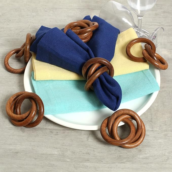 Brown Wood Napkin Rings Set of 8, 3-Ring Rustic | Natural wood, smooth edges - Image 8