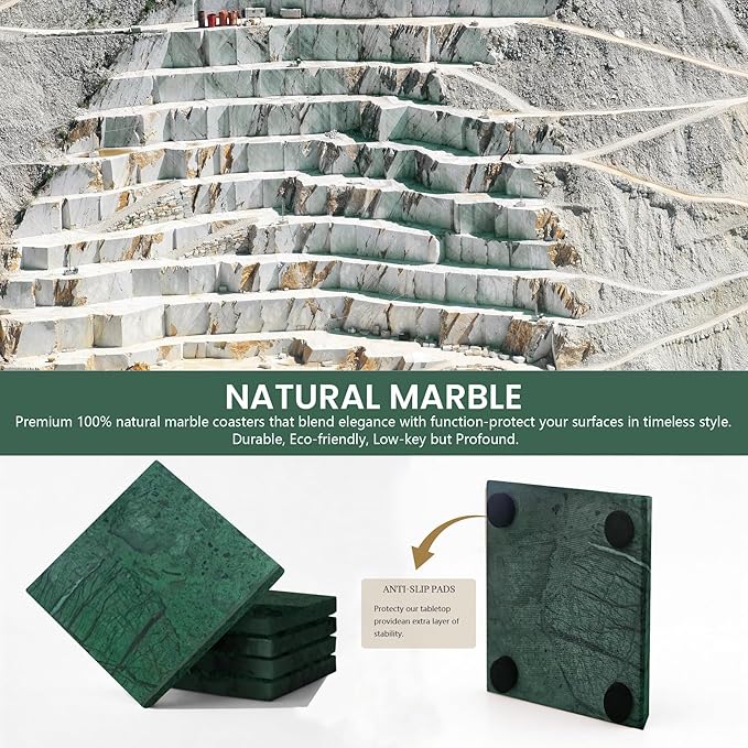 Natural Marble Coasters, Square Costers, Luxury Aesthetic Modern Decor for Coffee Table Bar Kitchen Home, Green Marble, Real Natural Semi Absorbent Stone Coasters