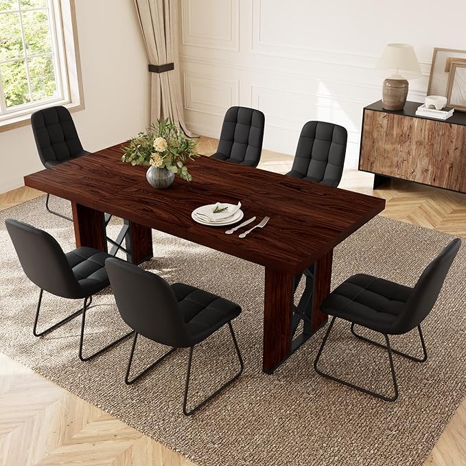 7-Piece Dining Table Set for 6 People, 70.8" MDF Kitchen Table with 6 Upholstered Chairs, Space-Saving for Dining Room, Breakfast Nook(Walnut Table+6 U-Shaped Black Chairs)