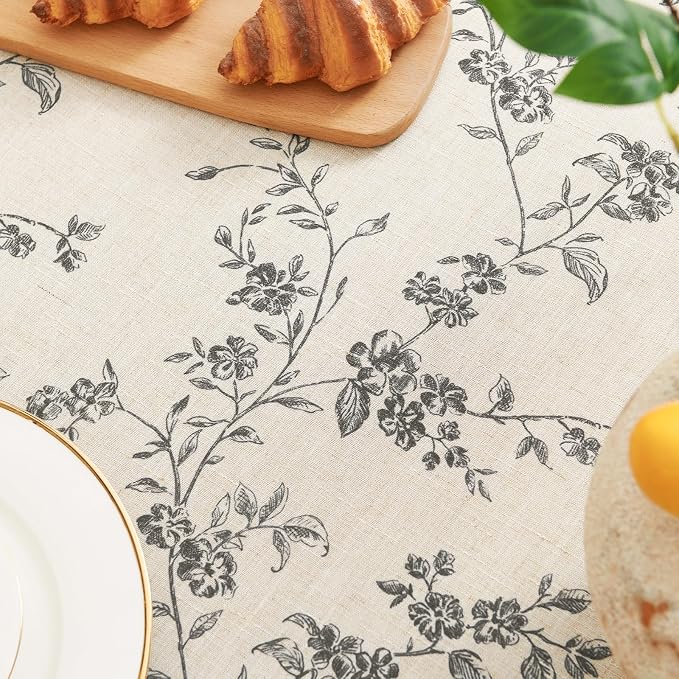 jinchan Black Farmhouse Floral Linen Rectangle Table Cloth 52 x 70 Inch | - Image 7