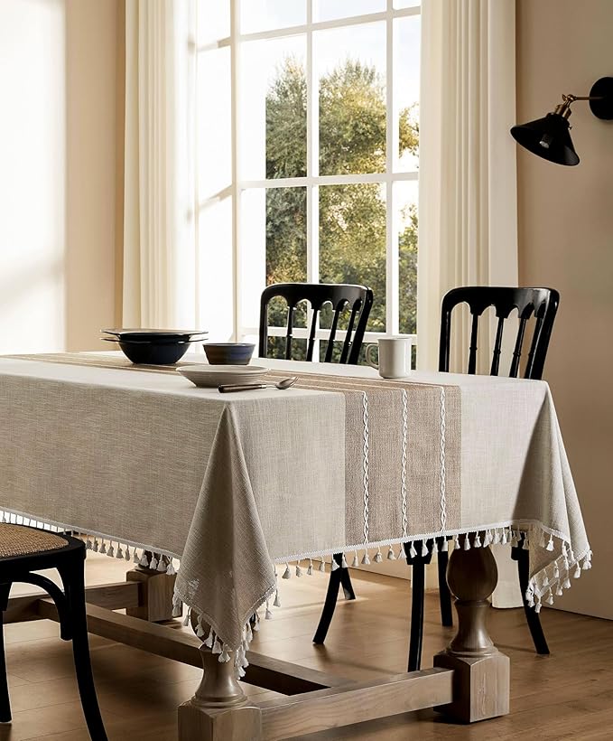 ZeeMart Contrast Linen Table Cloth Rectangle Table Cloths 54x108 Inch Brown, Farmhouse Style Heavy Weight Beige Tablecloth, Water Resistant Burlap Tablecloth