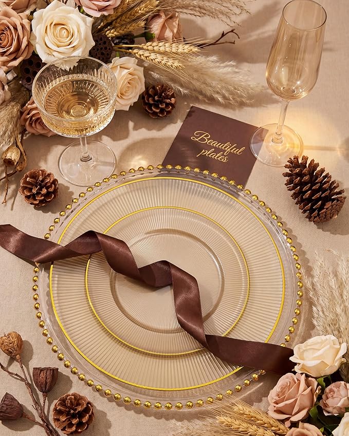 Hioasis 60pcs Brown and Gold Plastic Plates - Brown Disposable Dinnerware Set, 30pcs Dinner 10.25in & 30pcs Dessert 7.5in Plates with Striped Designs for Party & Wedding