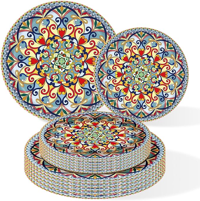 ZULYSTO 100PCS Boho Paper Plates (50×7 Inch & 50×9 Inch)–Vintage Bohemian Style Disposable Plates, Dessert Party Dinner Plates, Dinnerware Plate Set for Birthday Gatherings