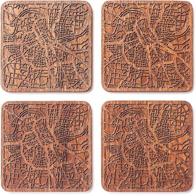 Nashville, TN Map Coaster by O3 Design Studio, Set of 4, Sapele Wooden Coaster with city map, Multiple city optional, Handmade