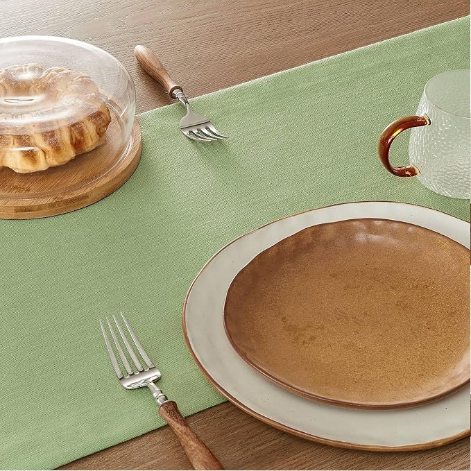 Linen Textured Border Table Runner, 14 x 36 Inch Green | Mitered Corner Design - Image 5