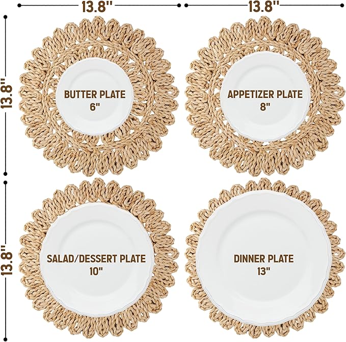 13.8" Corn Husk Woven Round Placemats Set of 4 - Wicker Boho Farmhouse Placemats - Rattan Table Mats for Dining Table, Wedding, Home