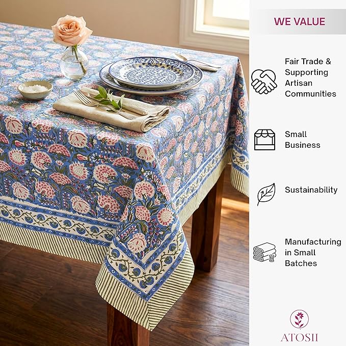 ATOSII Clover Pink 100% Cotton Fall Tablecloth, Handblock Print Rectangle Table Cover for Kitchen Dining Linen I Parties, Weddings, Outdoors, Easter Table Cloth Decor 60 X 108 Inches I 8 Seater