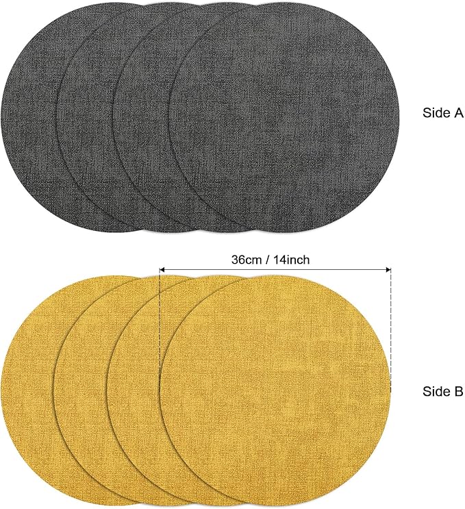Myir JUN Round Placemats, Dual Sided Faux Leather Place Mats Set of 6 Indoor/Outdoor Non-Slip Washable Table Mats (Gray Yellow, Set of 6)