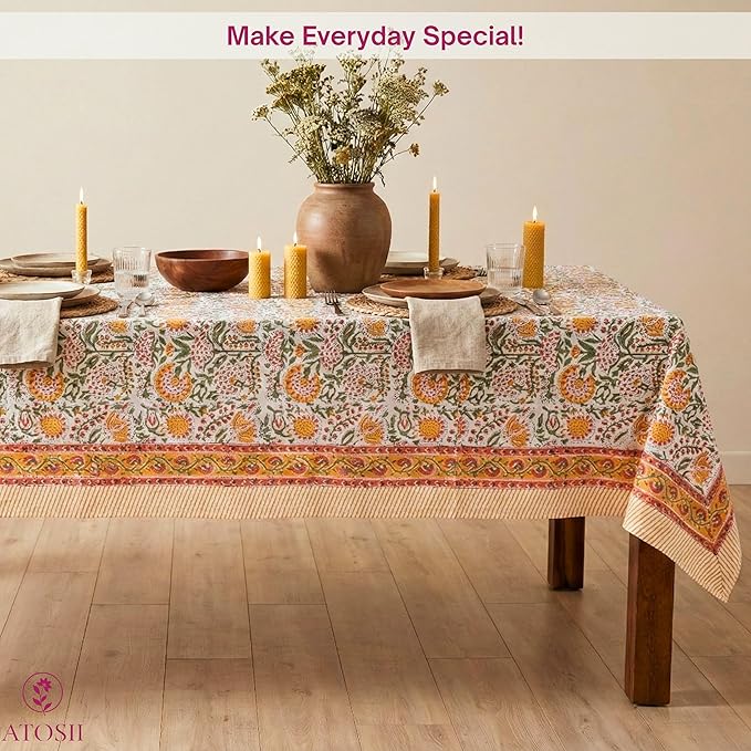 ATOSII Clover Yellow 100% Cotton Rectangle Fall Tablecloth, Handblock Floral Print Linen Table Cloth for Kitchen Dining I Parties, Outdoors, Christmas, Thanksgiving I 72 X 140 Inches I 12 Seater