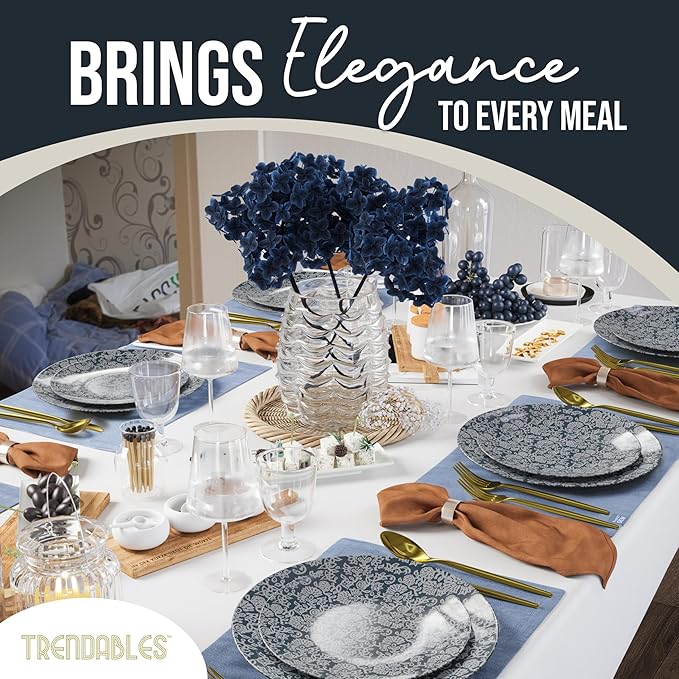 Trendables Disposable Dinnerware Decorative Plates Plastic Disposable Plates Set For 20 Guests 20 x 8 Inch Dessert Plate & 20 x 10 Inch Wedding Party Plate Set Garden Damask