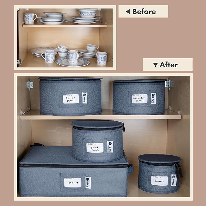 Dinner Plates Storage Container - Hard Shell China Organizer with Dividers - Holds 12 Plates of 10" - Durable & Stackable Storage Box for Seasonal Dishware Protection - Denim Blue
