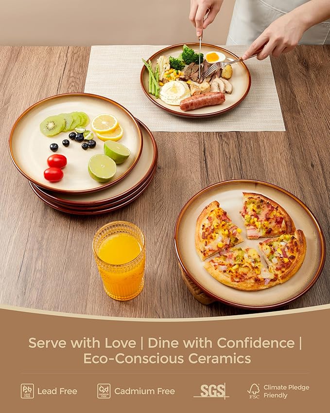 10 Inch Dinner Plates Set of 6, Stoneware Round Salad Dessert Plates, Serving Plates, Microwave & Dishwasher Safe, Brown and Yellow