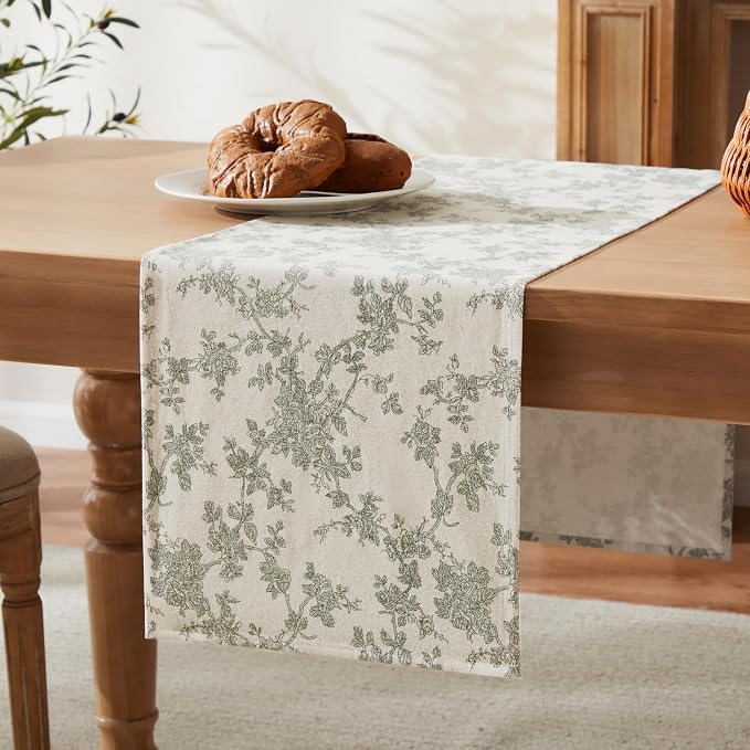 French Pastoral Farmhouse Table Runners, 13x48 Inch Green | 100% Organic Cotton - Image 7