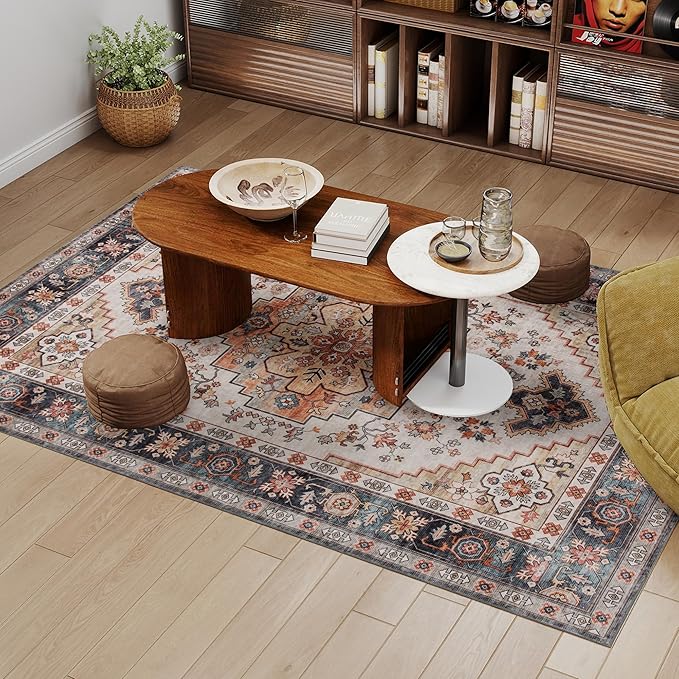 HOMCOM Washable Area Rug, 5'x7' Vintage Indoor Distressed Carpet, Retro Floor Cover Foldable, Floral Print Mat for Living Room, Bedroom, Dining Room, Tawny Brown