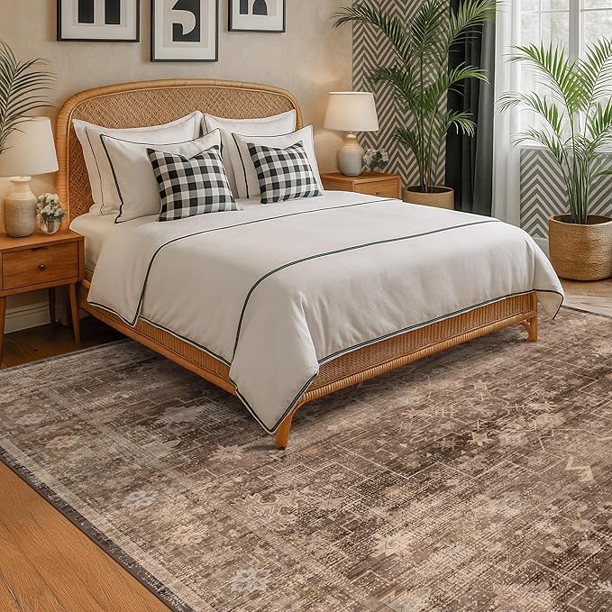 Boho Taupe Living Room Rug 7x10 -Vintage Traditional Oriental Neutral Brown, Washable Low Pile Non-Slip Extra Large Area Rugs for Dining Under Table Bedroom Lounge