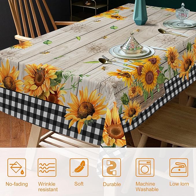 Sunflower Tablecloth 60 Inch Round, Farmhouse Bee Decor Black White Buffalo Check Table Cloth for Party Dining Room