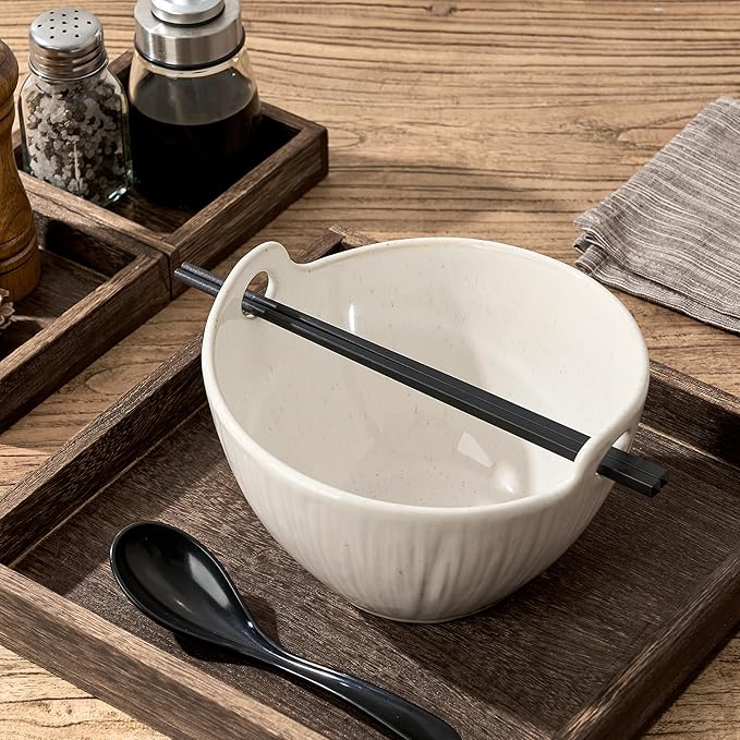 Ramen Bowl with Chopsticks and Spoons Set, 7 Inch Ceramic Noodle Bowl Set of 2, Dishwasher Safe for Pho Udon Soba Noodle Salad Pasta, Special Reactive Glazed White Bowls Set